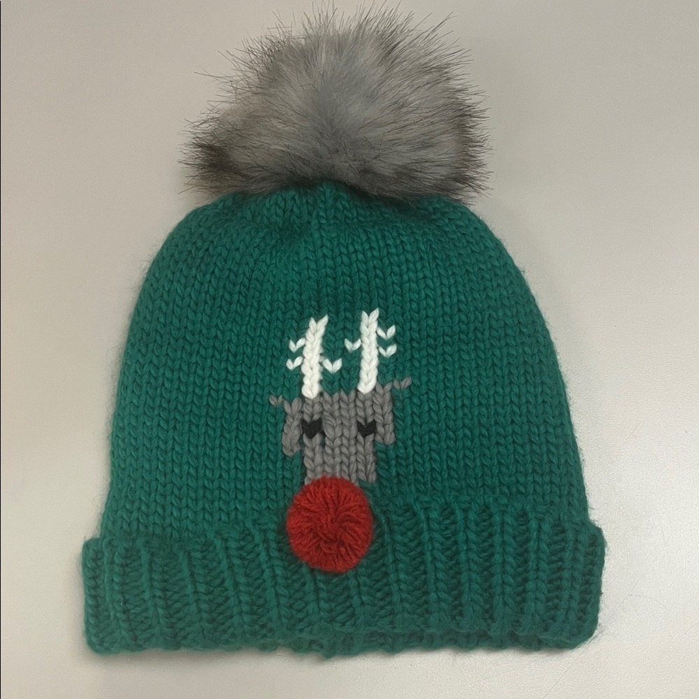 Brass Plum Green Double Knit Beanie with Reindeer Design unisex and any age